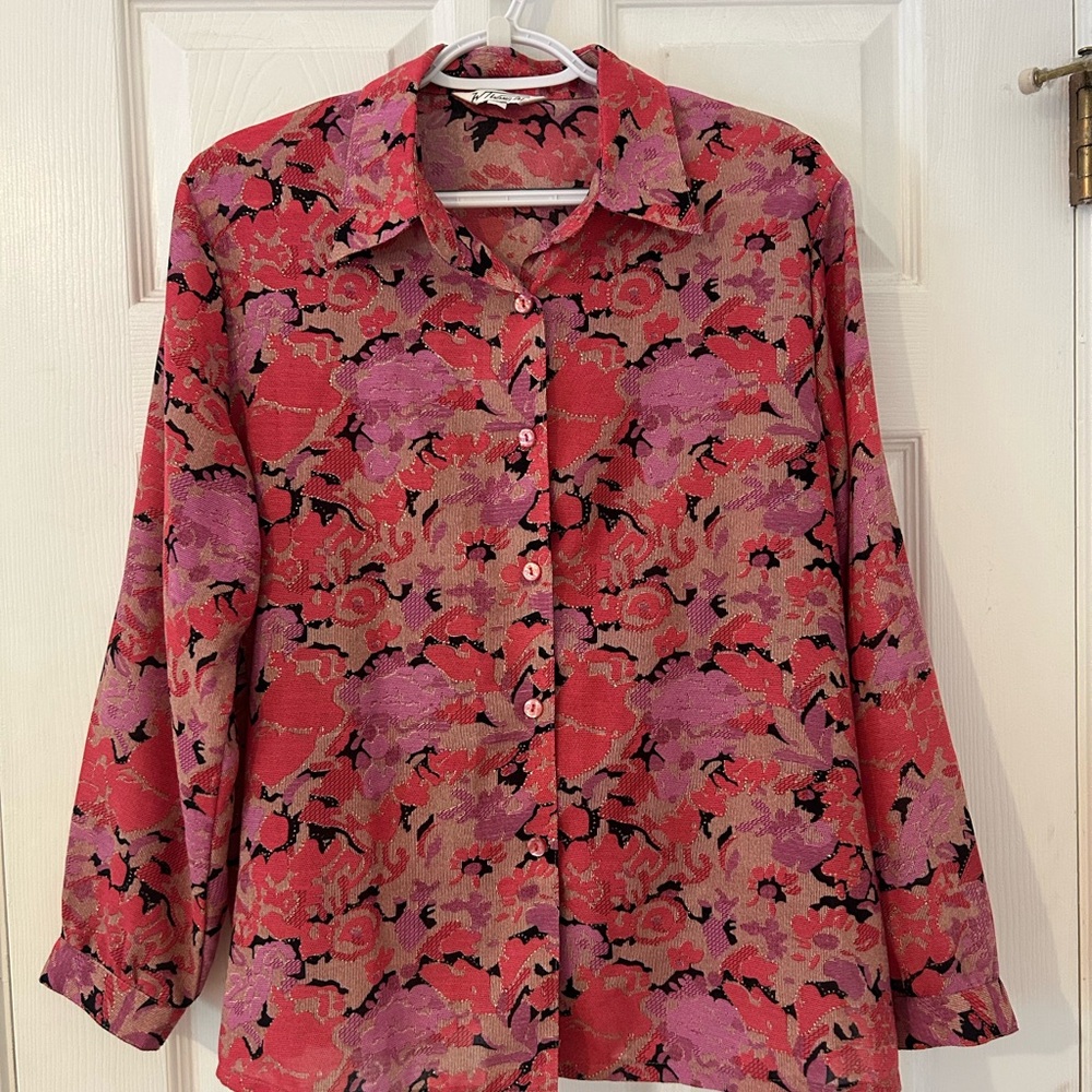 Vintage Sparkle Floral Button-Up Blouse